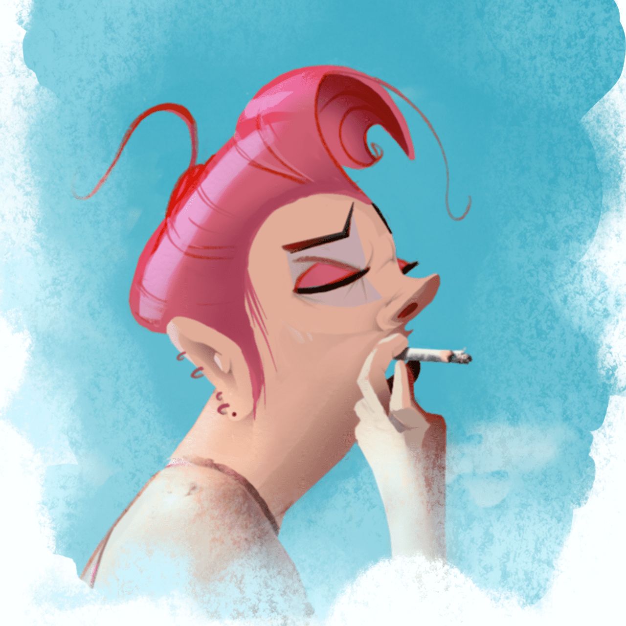 A gritty illustration of a woman smoking a cigarette, set against a dark, urban backdrop with a mysterious and contemplative mood.
