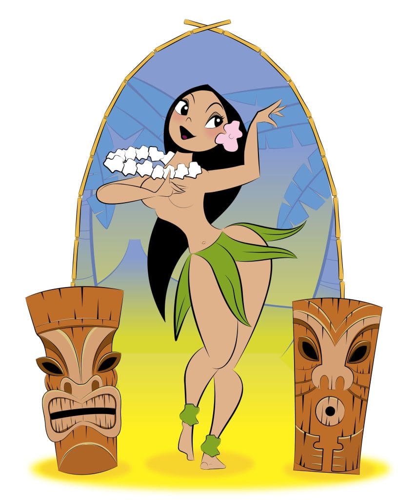 A smiling woman wearing a colorful lei and showcasing tattoos, dressed in traditional hula attire.