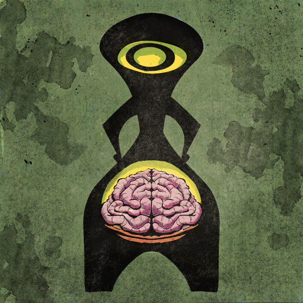 A whimsical illustration of a surreal creature combining elements of a brain and a stomach, depicted in pink and red tones.