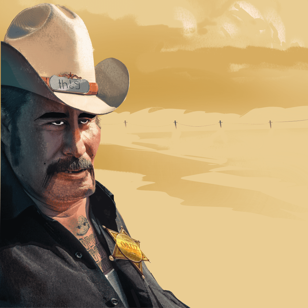 A silhouette of a man standing on a beach during sunset, with an orange and blue sky in the background.