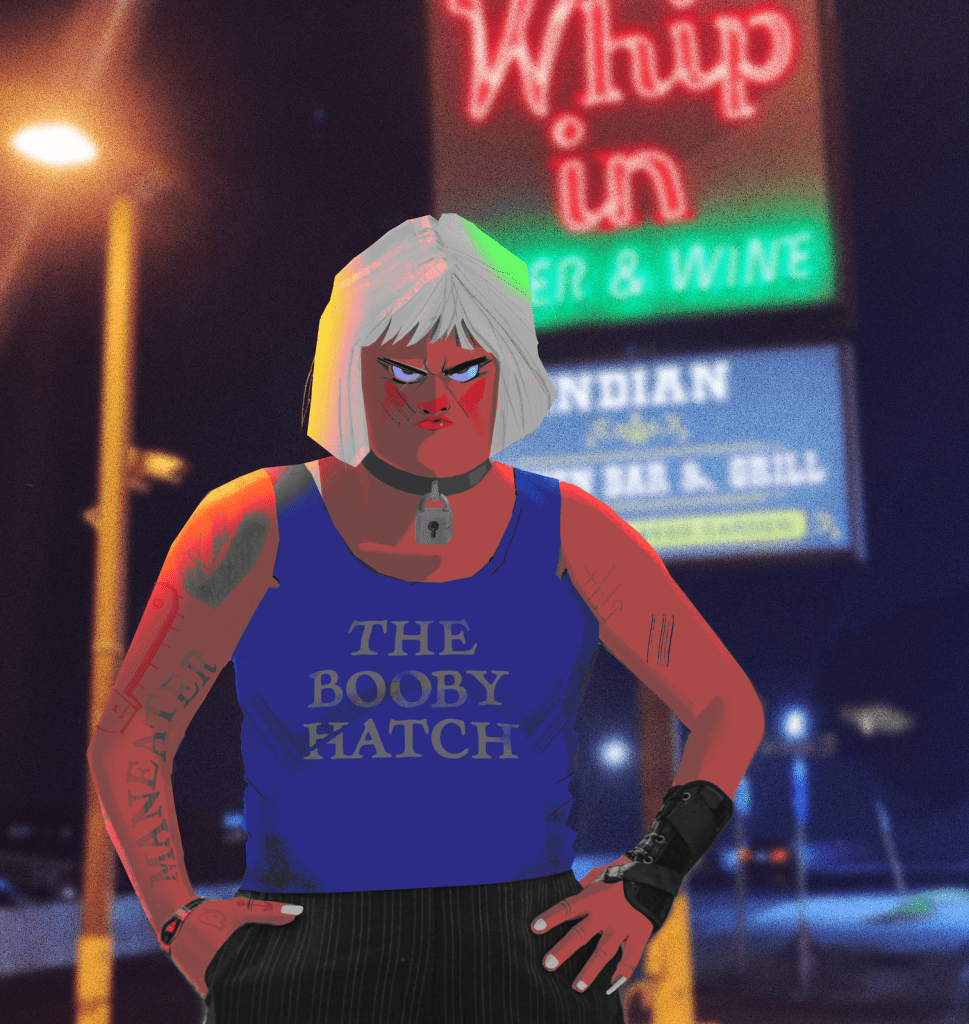 A man and a woman in business attire are having a conversation in a modern office setting.