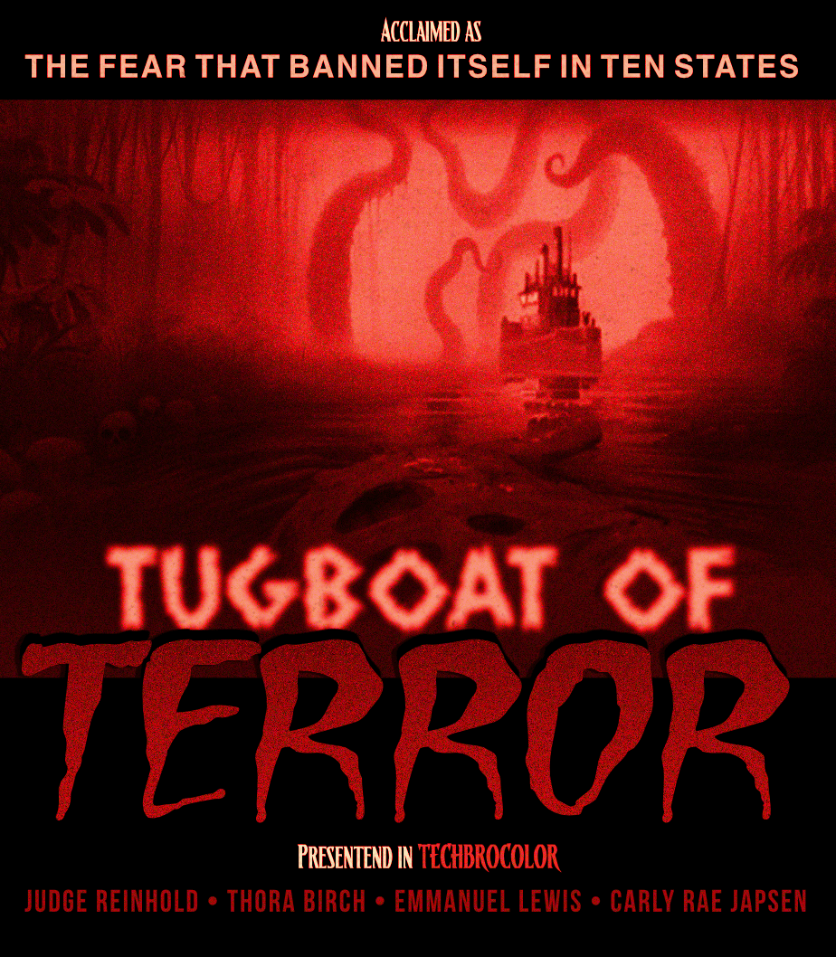 A dramatic scene of a tugboat facing a giant sea monster under a stormy night sky.