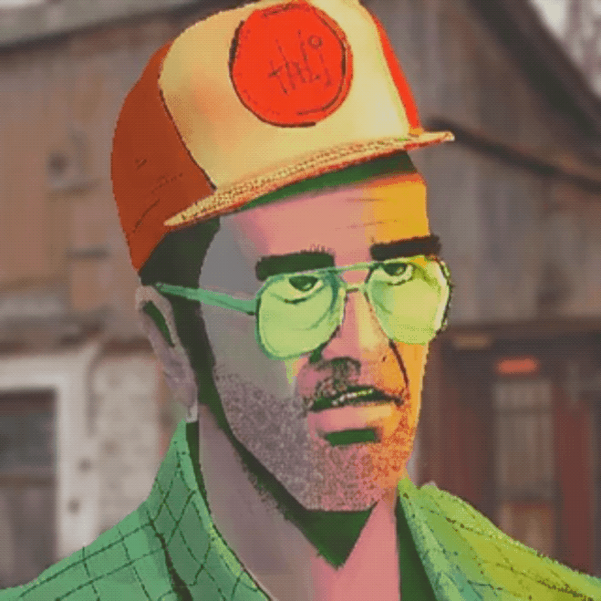 An animated GIF of a man in a suit and glasses smiling in an office setting.